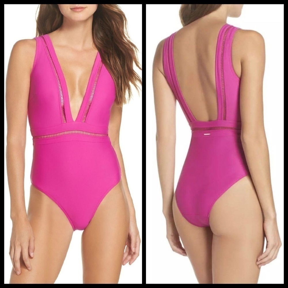 💕TED BAKER💕 Deep V Plunge One-Piece Swimsuit ~ Fuscia US 8 NWT